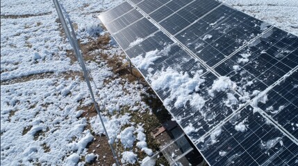 Snow-covered solar panels in winter landscape