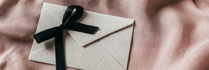 Condolence card with textured paper and black satin ribbon on dusty rose background, funeral concept
