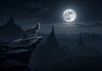 Lone wolf on a moonlit mountain peak, gazing at a full moon.