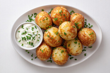 Crispy potato balls, a side dish, with a dollop of sauce