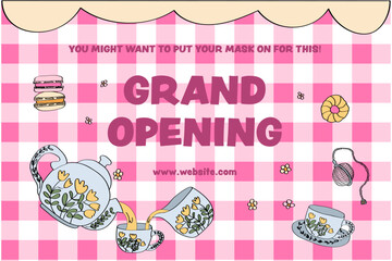 Cute pink tea party cafe grand opening banner 