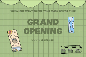 Grand opening banner in green color.