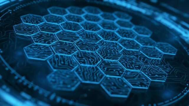 Circuit hex grid with pop-in cells and glowing edges