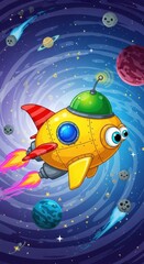 Fototapeta premium A vibrant cartoon yellow rocket with big eyes flying through a swirling galaxy filled with colorful planets, stars, and smiling comets.