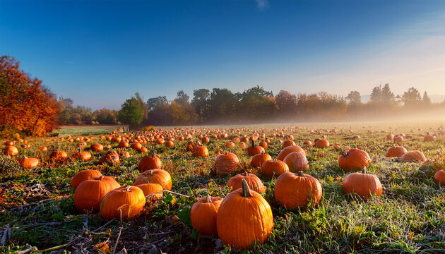 Misty Pumpkin Patch Field With Bright Orange Pumpkins Glimmering With Morning Dew In Autumn