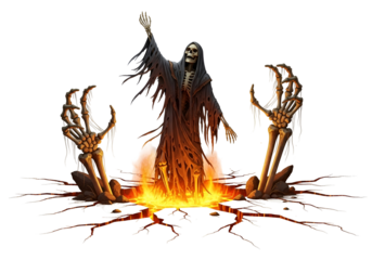 A skeletal figure in a tattered robe emerges from a fiery chasm, surrounded by skeletal hands.