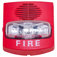 Fire alarm device with red casing and clear light cover for emergency alert