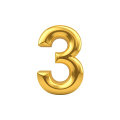 Golden Number Three, 3D Rendered Glossy Gold Digit on Transparent Background