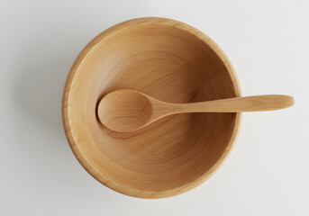 Wooden bowl and spoon on transparent background overhead view