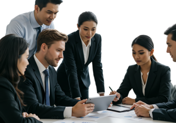 Business team collaborating on project isolated on transparent background