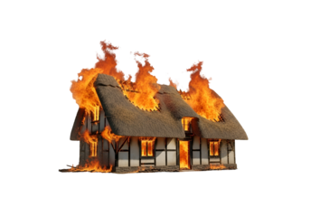 A thatched-roof cottage ablaze in intense flames against a stark black background.