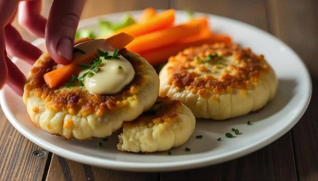 Poached gefilte fish patties resting on plate with carrot slices and horseradish sauce 