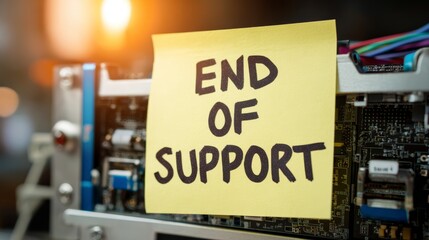 End of support notice on computer hardware with glowing light in background