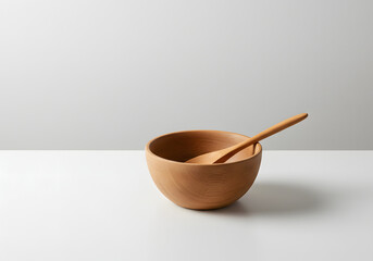 Wooden bowl and spoon on white surface culinary still life