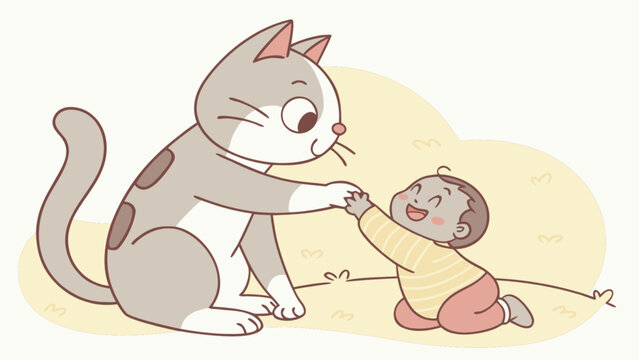 Cute cartoon cat giving high five to a baby on the grass