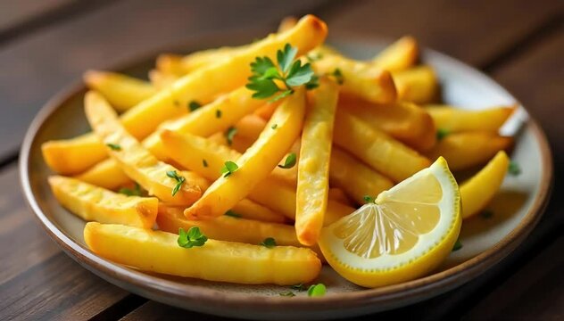 Pommes frites arranged neatly on rustic plate with fresh herbs and lemon wedge 