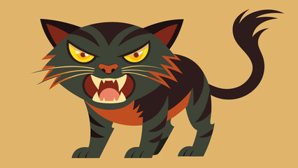 A vibrant, stylized drawing of an aggressive cat with a distinctive tiger-like striped pattern. The cat is depicted in full view, with a curved tail and alert ears, ready for attack or defense