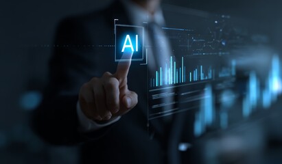 Businessman engaging with ai technology interface in futuristic data environment