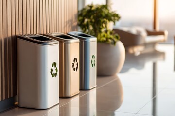 Modern recycling bins in sunlit office environment for sustainable waste management
