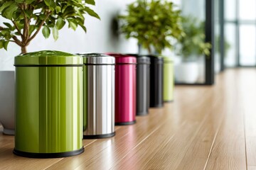 Colorful trash bins in a modern indoor space with green plants