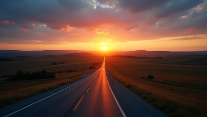 Naklejka premium Sunset Road Journey: Golden Horizon Drive Through Hills & Sky