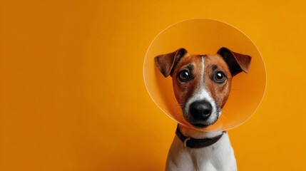 Jack russell terrier in recovery cone on vibrant orange background