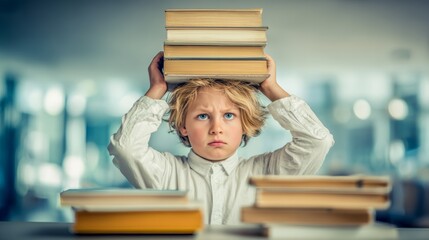 Young caucasian boy balancing books in library with curious expression