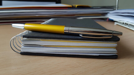 Overly large pen propped against a tiny notebook, showcasing exaggerated office stationery humor.