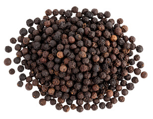 Black pepper corns, a dry spicy food ingredient, are isolated on a white background