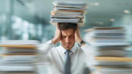 Young caucasian male office worker overwhelmed by paperwork and stress