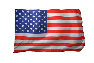 Obraz premium The United States of America flag with red and white stripes and a blue canton with stars, waving isolated on a white background.