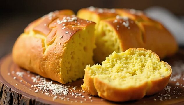 Portuguese broa de milho corn bread with golden crust and dense crumb resting on wooden board 