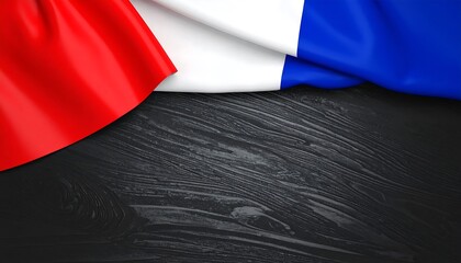 A draped French flag, vibrant red, white, and blue, rests elegantly on a dark wooden surface.