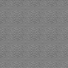 This is a seamless pattern with a 3D embossed effect, featuring an ornate floral and geometric design. The monochromatic gray tones create a textured, sculptural look, similar to carved plaster.