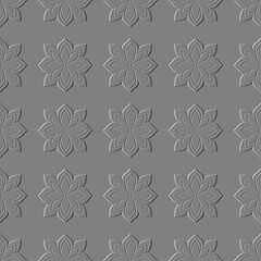 A seamless, minimalist pattern with a 3D embossed effect. The design features symmetrical floral motifs in a monochrome palette of light and shadow, giving it a clean and elegant textured look.
