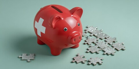 Red piggy bank with swiss cross surrounded by puzzle pieces on green surface