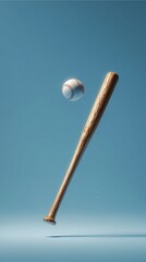 Baseball Bat and Ball in Action: A high-angle shot of a baseball bat and ball suspended in mid-air against a vivid blue backdrop. Emphasizing dynamic action, perfect for sports and game design.