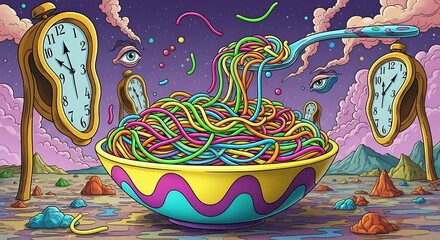Surreal Dreamscape: Melting Clocks, Floating Eyes, and a Bowl of Vibrant Wavy Noodles in a Cosmic Landscape
