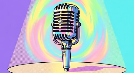 Pop Art Vintage Microphone on Stage with Vibrant Swirling Rainbow Background