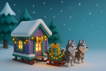 Two huskies beside a gift sleigh and a holiday cabin, snowy forest background, cozy lights, whimsical 3D illustration with soft evening glow for festive promotions.