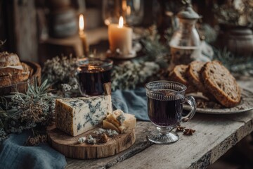 Cheese sits with bread and beverage on a table.