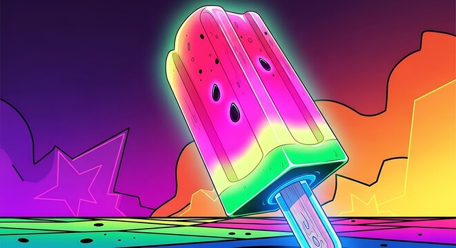 Vibrant Neon Watermelon Popsicle Melting into Abstract Geometric Background