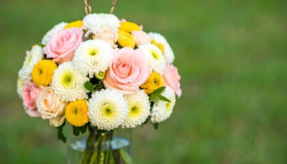 A vibrant bouquet of pastel pink, white, and yellow flowers, arranged beautifully in a clear glass vase, sits against a soft green outdoor background.