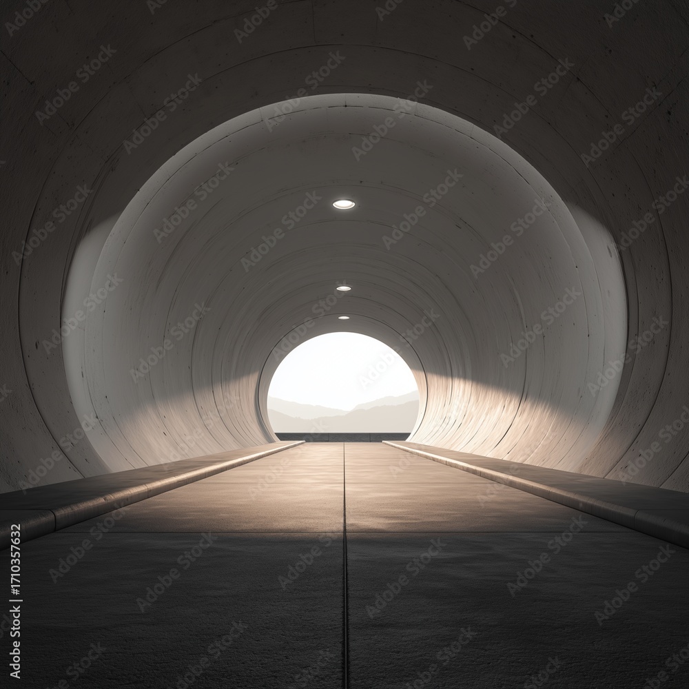 Aufkleber journey through the tunnel: captivating symmetrical view of a concrete tunnel leading toward an open