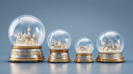 Realistic christmas snow globe set with glass domes in small medium and large sizes, isolated transparent crystal semisphere containers on silver and golden bases, festive 3d vector mockup for holiday