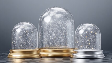 Realistic christmas snow globe set with glass domes in small medium and large sizes, isolated transparent crystal semisphere containers on silver and golden bases, festive 3d vector mockup for holiday