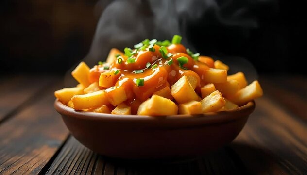 Poutine served in rustic bowl with steam rising from gravy coated potato fries 