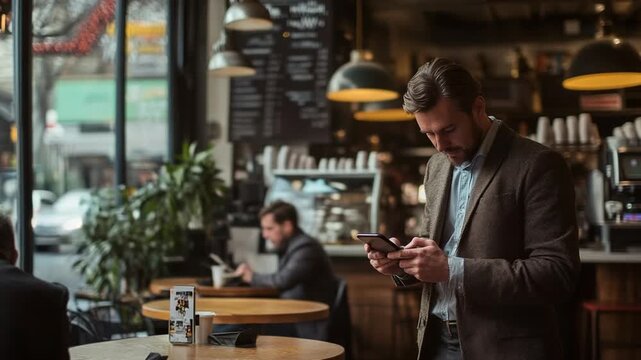 Man using smartphone in a cozy caf? setting - Powered by Adobe