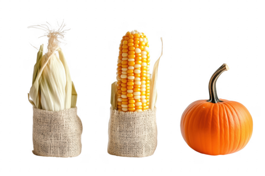 Freshly harvested corn and pumpkin representing autumn abundance on a background
