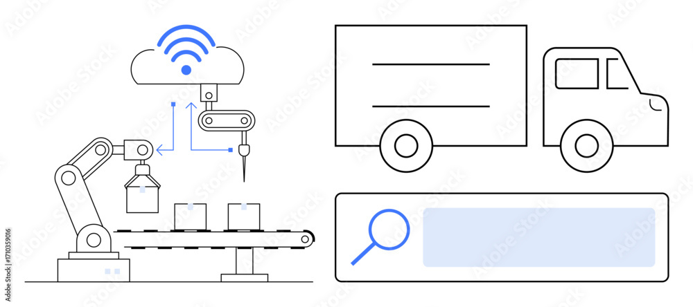 Poster automated robot arm working on assembly line, cloud-connected network, delivery truck, and search ba